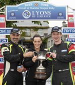 Monaghan’s Josh Moffett (right) and co-driver Keith Moriarty won the Lyons of Limerick Circuit of Munster Rally, round five of the Triton Showers-backed Motorsport Ireland National Rally Championship.  They are pictured with Laura McMenamin, TSNRC Registrar.  Photo: Martin Walsh.