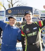RALLY WINNERS: Pictured at the finish of the Ronnie Hawe Monaghan Rally, round three of the Triton Showers-backed Motorsport Ireland Rally Championship were (left to right): Jason McKenna (winning co-driver) and Josh Moffett (winning driver).  Photo: Martin Walsh.