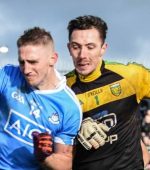 Donegal Goalkeeper Mark Anthony McGinley challenges Dublin's Eoghan O'Gara. Photo Geraldine Diver/Official Donegal GAA