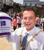 Alderman Graham Warke hosted a Dance A Thon (Boogie for Bronagh) in aid of his chosen charity,  Foyle Down Syndrome Trust. The event in Guildhall Square is held in memory of Bronagh McLaughlin who passed away last year. Picture Martin McKeown. 14.05.22