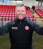 2 April 2022; Tyrone Manager Michael McShane celebrates after his side won the Allianz Hurling League Division 3A Final match between Tyrone and Armagh at Derry GAA Centre of Excellence in Owenbeg, Derry. Photo by Oliver McVeigh/Sportsfile