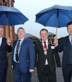 North West Strategic Growth Partnership Meeting.
John Kelpie, Chief Executive, Derry City and Strabane District Council, Councillor Gerry McMonagle, An Cathaoirleach, Donegal County Council, The Mayor of Derry City and Strabane District, , Councillor Maoliosa McHugh and Seamus Neely, Chief Executive, Donegal County Council, on the  Walls of Derry,