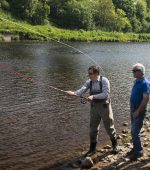 Local anglers get personal instruction from three times World Spey Casting Champion Gordon Armstrong from Inverness, Scotland demonstrating his skills on the River Mourne at Strabane during the NW Angling Fair at the weekend.