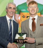 Oisin Gallen, Sean MacCumhaills, receiving his award at Donegal Sports Star Award from Special Guest Jim McGuinness.  (NW Newspix)