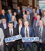 Cathairlaoith Colr. Liam Blaney with some of the attendees at the launch of the PEACE Plus project at Donegal Council Council.  (NW Newspix)