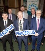 Cathairlaoith Colr. Liam Blaney with some of the attendees at the launch of the PEACE Plus project at Donegal Council Council.  (NW Newspix)