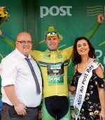 An Post Chain Reaction's Matthew Teggert, winner of the Post Parcels Yellow Jersey receiving it from Gavin McDaid, acting Miss An Post Ras Niamh McDaid
©INPHO/Morgan Treacy