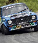 Top Donegal Driver in the nationals Damien Tourish on a push in his Escort. Photo Brian McDaid.