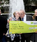 NO REPRO FEE: 26th February 2019. An 84-year-old retired Donegal farmer has picked up a EuroMillions Plus winning cheque for €500,000 from National Lottery headquarters – declaring being all clear from cancer is like winning the Lotto for him.
Charlie Meehan, 84, from Manorcunningham, one of those winners is pictured with his wife Ruby and Son Niall and daughter Ann when he collected his winnings from the National Lottery HQ. Pic: Mac Innes Photography