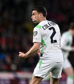 26 March 2026; Seamus Coleman of Republic of Ireland celebrates after his side score a second goal during the FIFA World Cup 2026 European Qualifiers play-off semi-final match between Czechia and Republic of Ireland at Fortuna Arena in Prague, Czechia. Photo by Seb Daly/Sportsfile