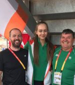 Sommer pictured with her coach Niall Wilkinson (left) and Ireland Team leader Neil Martin (right)