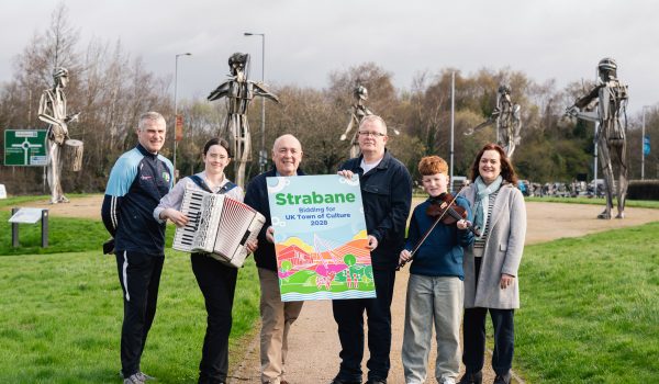 Pictured at the launch of Strabane's bid for UK Town of Culture, 2028, are Jarlath McNulty, Vice-Chair Strabane Local Growth Parternship, Jessica O'Donnell, CRAIC, Kieran Kennedy, Chair, Strabane BID, Brian McGilloway, Writer and Cultural Ambassador, Cormac Peoples, CRAIC, and Deirdre Harte, DC&SDC Project Officer.