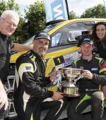 Monaghan’s Josh Moffett (right) and his Limerick co-driver Keith Moriarty, the 2022 Triton Showers-backed Motorsport Ireland National Rally Champions following their start to finish victory in the Clonmel based Tipperary Stonethrowers Rally.   Also pictured are (left to right): Declan Tumilty (TSNRC) and Laura MCMenamin.  (TSNRC Registrar).  Photo: Martin Walsh.