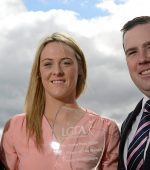 27 August 2015; Yvonne McMonagle is pictured receiving the Croke Park Hotel & LGFA Player of the Month for July with Sean Reid, of the Croke Park Hotel, and Helen O’Rourke, from the LGFA. Yvonne was instrumental for the Donegal team who captured their first ever Ulster Senior title when defeating Monaghan in the decider. Croke Park Hotel, Dublin. Picture credit: Sam Barnes / SPORTSFILE