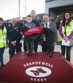 NEW BRANDYWELL DOG TRACK. . . . . .The Mayor, Councillor Maoliosa McHugh pictured at the Brandywell Dog Track on Thursday night before with first race with, from left, Stephanie English, ????????????, Stephen Radcliffe with ‘Speedie Joe’, Master Shane McColgan (2) and Linda Porter. (Photos: Jim McCafferty Photography)