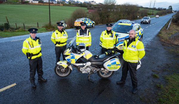 Garda Paddy Ryan, Garda Gerry McCauley,  Inspector, Seamus McGonagle, and Mark Traynor, Srg. Taffic Corp and Pat Geaghty launching the annual Christmas Drink Driving campaign as part of their ongoing road safety awareness programme. Photo Clive Wasson