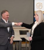 Handover complete as Michael Margey, Outgoing President hands over to newly elected Chamber President, Kristine Reynolds at the  Letterkenny Chamber AGM.Photo Clive Wasson