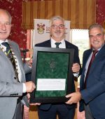 Cathaoirleach of Donegal County, Cllr. Liam Blaney and CE John McLaughlin presenting the Freedom of the County to Pau McGinley at a Civic Reception hosted by Donegal County Council to Confer The Freedom of the County on Golfer, Paul McGinley in Rosapenna on Monday afternoon.  Photo Clive Wasson