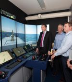 Minister for Agriculture, Food and the Marine, Charlie McConalogue T.D.
visited BIM’s National Fisheries College in Greencastle today, to officially launch new high tech simulator suites that will enable skipper students to pilot and berth a vessel and navigate it through adverse weather conditions.  Pictured with Garvan Meehan, Principal and Senior Natuical Instructors, John Kelly and John O'Mahony.  Photo Clive Wasson