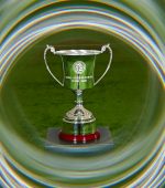 25 August 2026;  (EDITORS NOTE: A special effects camera filter was used for this image.) A general view of the cup during the 2026 FAI National League Season launch at the National Indoor Arena on the Sport Ireland Campus in Abbotstown, Dublin. Photo by Stephen McCarthy/Sportsfile *** NO REPRODUCTION FEE ***