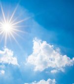 Sunny background, blue sky with white clouds and sun