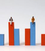 Miniature people sitting on a bar graph.