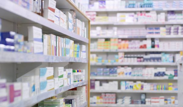 Shot of shelves stocked with various medicinal products in a pharmacy