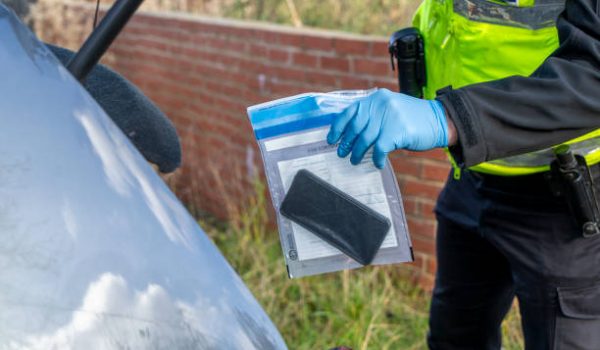 UK police officer with an evidence bag and confiscated mobile phone.