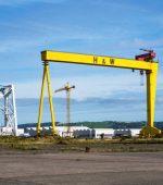 Belfast, Norhern Ireland, UK - September 17, 2016: Samson crane. One of two twin shipbuilding gantry cranes in Titanic quarter, famous landmark of Belfast, Northern Ireland.