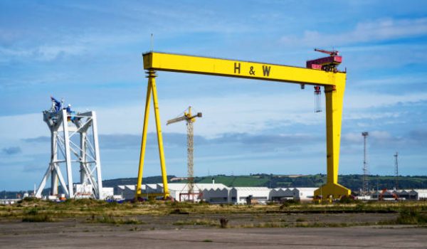 Belfast, Norhern Ireland, UK - September 17, 2016: Samson crane. One of two twin shipbuilding gantry cranes in Titanic quarter, famous landmark of Belfast, Northern Ireland.