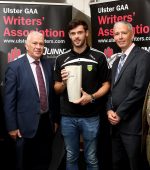 Odhran MacNialais, June winner of the Quinn Building Products Ulster GAA Writers Merit Award with Peter Campbell, Donegal Democrat;  Seqamus McMahon, Quinn  Building Products; John Martin, Chairman UGAAWA; and Gerry McLaughlin, UGAAWA. Pic: Peadar McMahon