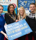 Derry City and Strabane District Council Mayor, Councillor Elisha McCallion and Lisa Buckley from Ryanair  who presented Kim Newlands who is the 4th Million Passenger to fly with Ryanair from City of Derry Airport, with vouchers for free flights. Included are Kim's partner David Waters and Charlene Shongo, Commercial and Marketing Manager, City of Derry Airport. Picture Martin McKeown. Inpresspics.com. 12.05.15