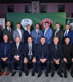 8 December 2022; Recipients of the UEFA Pro Licence certificates with FAI Board member Packie Bonner, FAI director of football Marc Canham, FAI president Gerry McAnaney and Republic of Ireland manager Stephen Kenny, during the UEFA Pro Licence Graduation at Carlton Hotel Dublin Airport in Dublin. Photo by Seb Daly/Sportsfile *** NO REPRODUCTION FEE ***