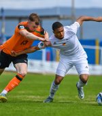 GALICIA, SPAIN - JUNE 11: Anthony Manuba of Bavaria in action against Dylan Connolly of Republic of Ireland Amateur during the UEFA Regions' Cup Final Tournament 2022/23 Group A match between Bavaria and Republic of Ireland Amateur at Burgans Stadium on June 11, 2023 in Galicia, Spain. (Photo by Ben McShane - Sportsfile/UEFA via Getty Images)